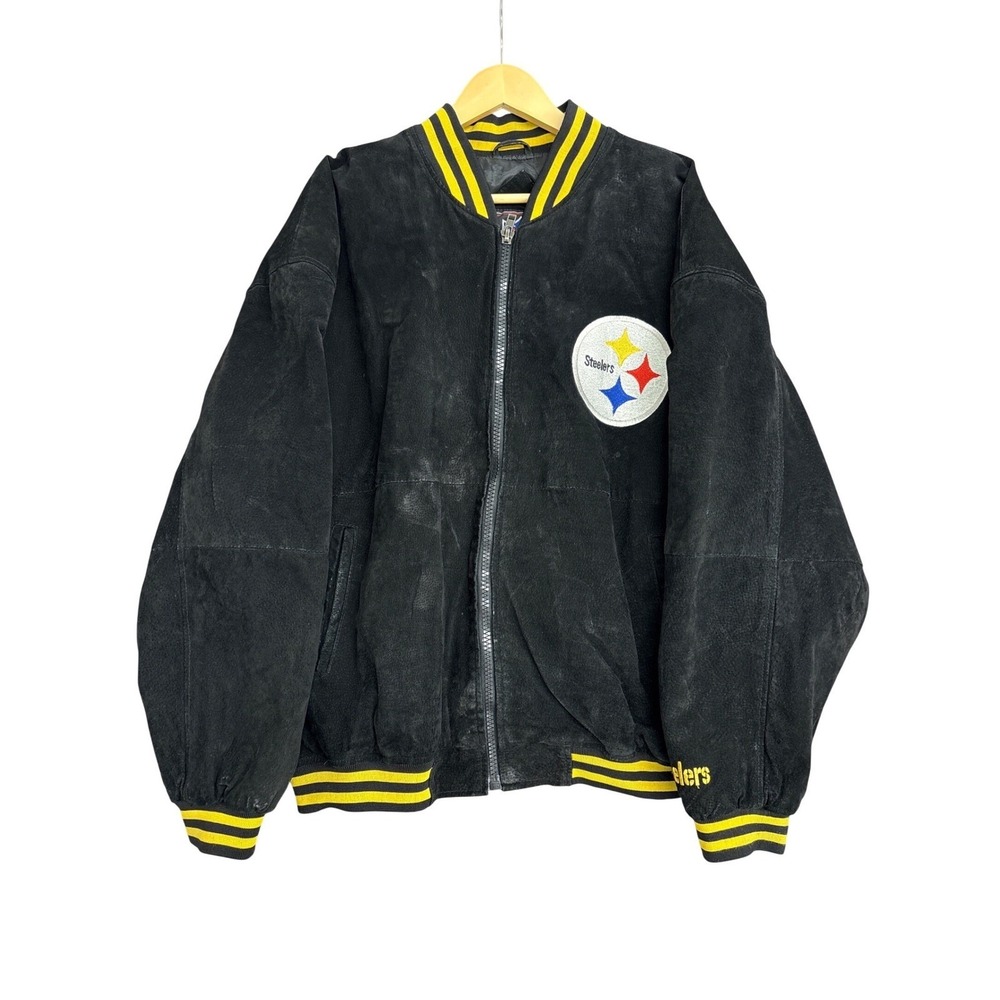 Vintage NFL Pittsburgh Steelers Black Leather Suede Bomber Jacket Mens L